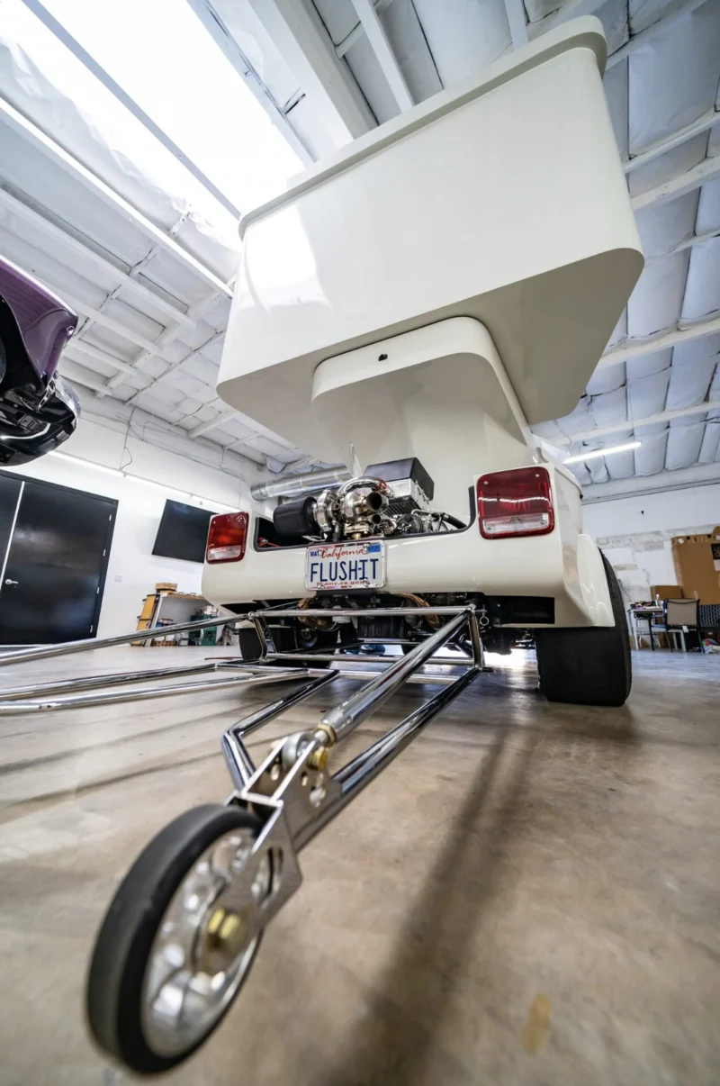 Low rear view of the Toilet Car with its wheelie bar, the drag car look